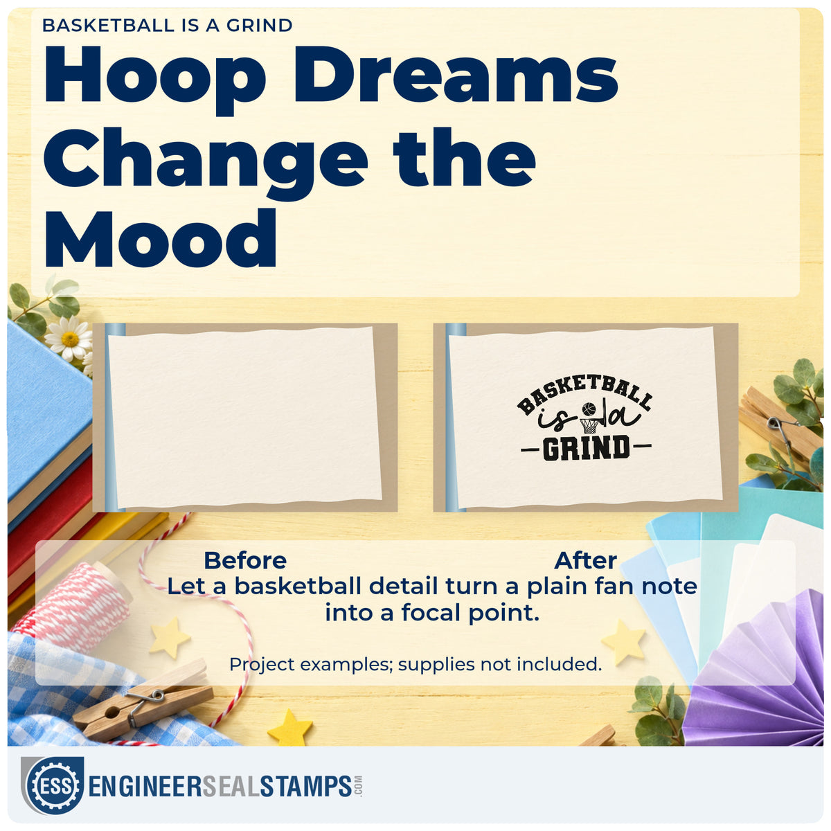 Before and after of a plain item finished with the Basketball Is A Grind Premium Wood-Mounted Stamp – Vintage Pro, a quick upgrade for framed gym door.