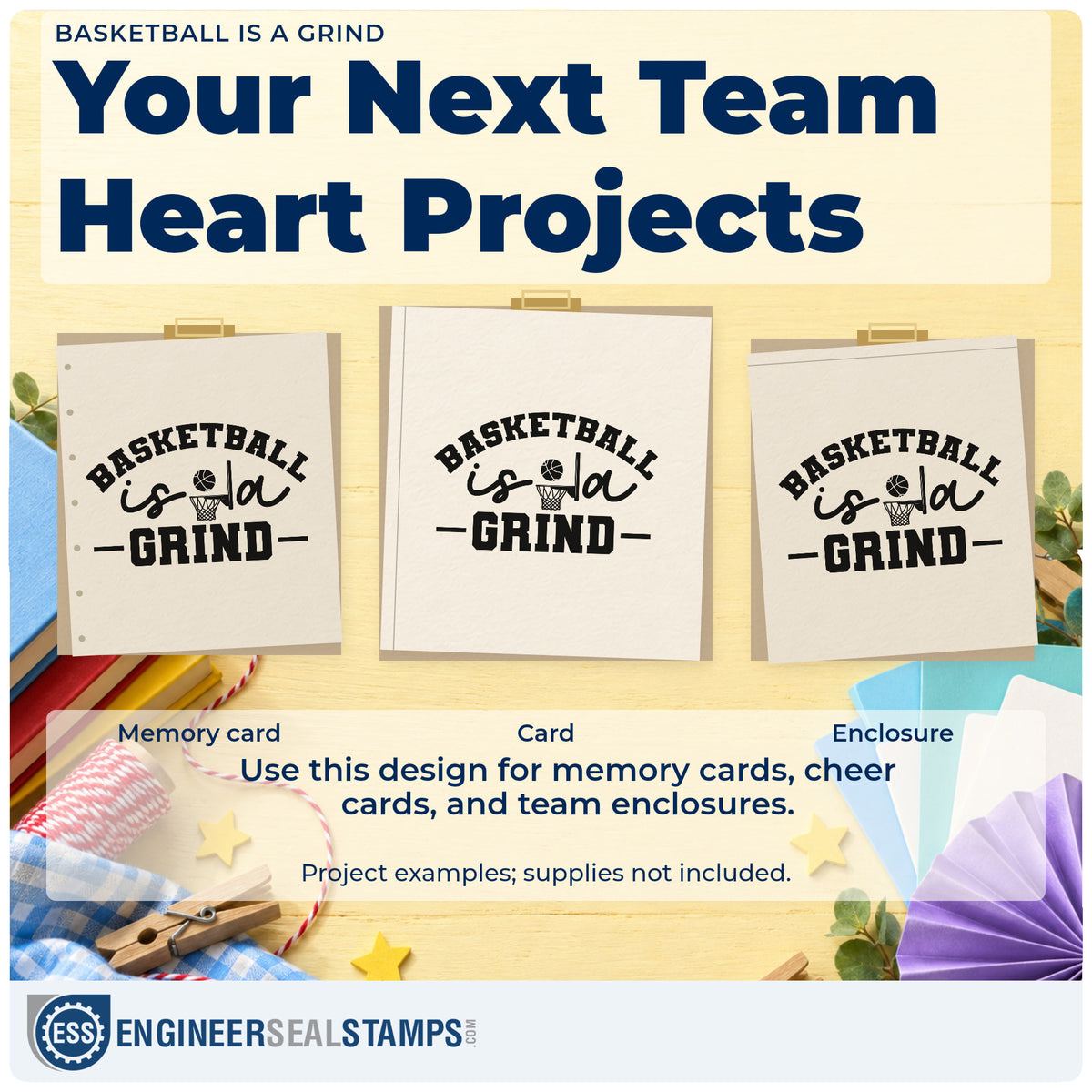 Three project examples made with the PSI Pre-Inked Basketball Is A Grind Stamp, including make count sheet.