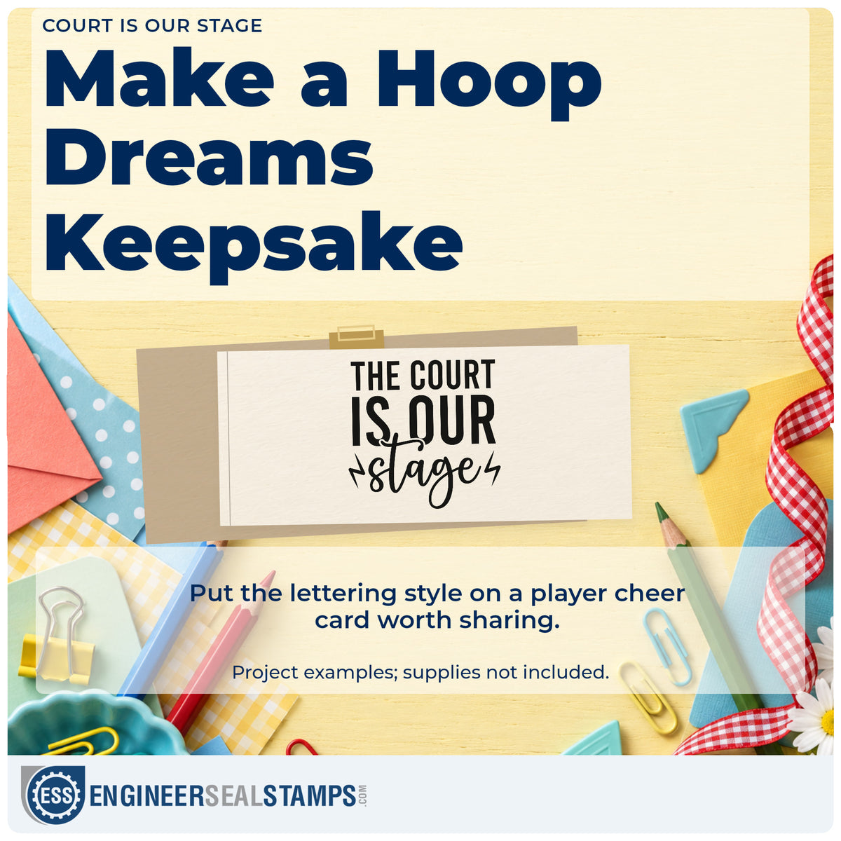 A finished handmade project stamped with the The Court Is Our Stage Rubber Stamp – Duo Hand, ideal for pep rally album page.