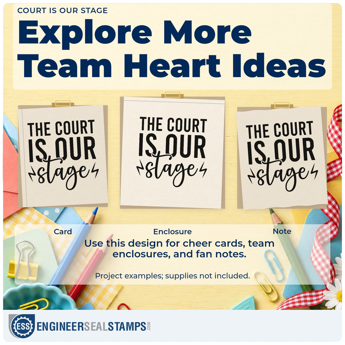 Three project examples made with the The Court Is Our Stage Rubber Stamp – Duo Hand, including rally run sheet.