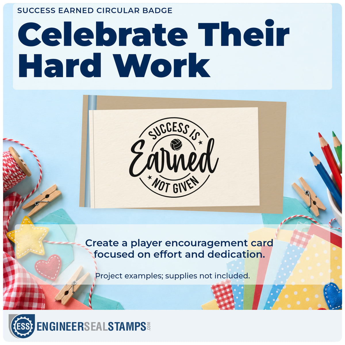A finished handmade project stamped with the Volleyball Circle With Success Is Earned Hand Stamp – Duo, ideal for club season album page.