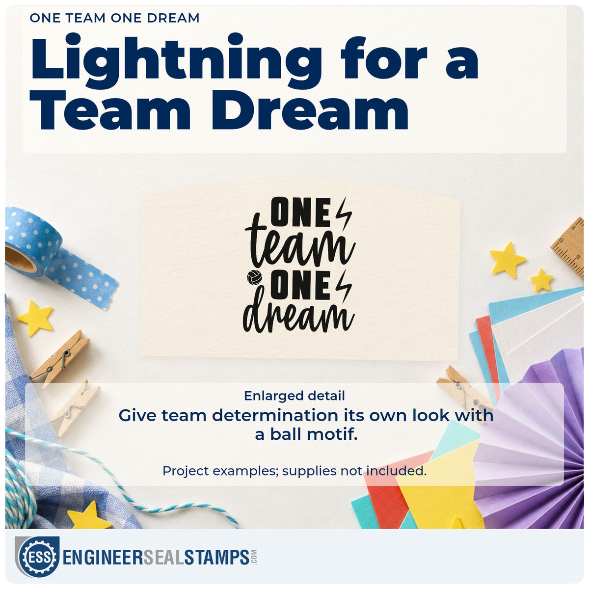 Enlarged detail of the Wood Handle Volleyball And Lightning One Team One Dream Rubber Stamp imprint. ONE team ONE dream appears with lightning bolts and a small volleyball-style ball.
