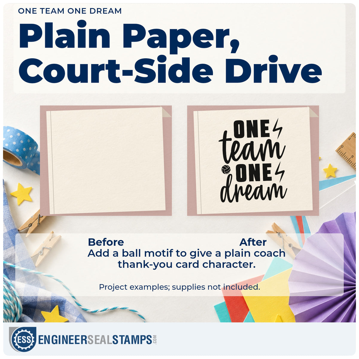 Before and after of a plain item finished with the Wood Handle Volleyball And Lightning One Team One Dream Rubber Stamp, a quick upgrade for framed office corner.
