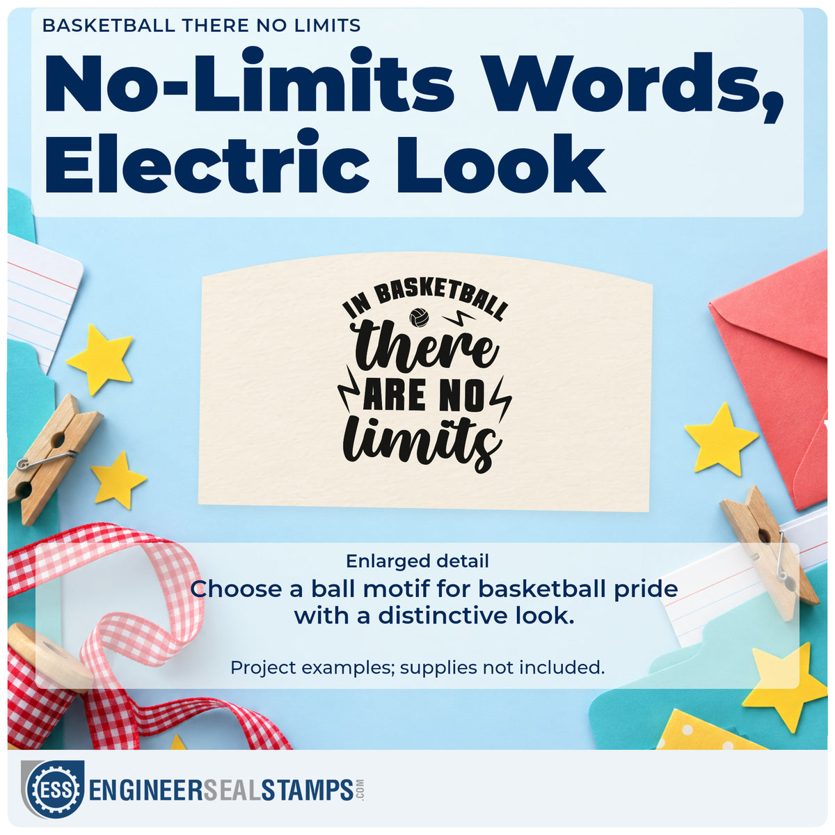 Enlarged detail of the Basketball No Limits Lightning Lettering Premium Wooden Stamp – Vintage Pro imprint. "In basketball there are no limits" appears with lightning bolts and a small volleyball-style ball.