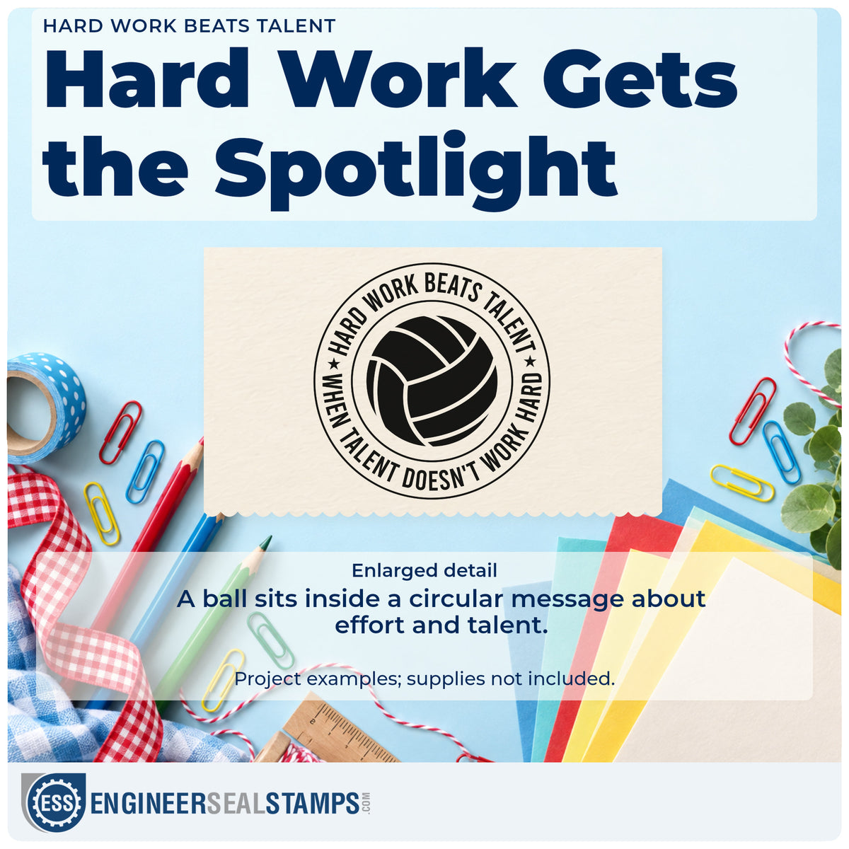Enlarged detail of the Volleyball Circle With Hard Work Quote Compact Pre-Inked Stamp – Slim imprint. A volleyball-style ball fills a circular badge bordered by HARD WORK BEATS TALENT WHEN TALENT DOESN'T WORK HARD.