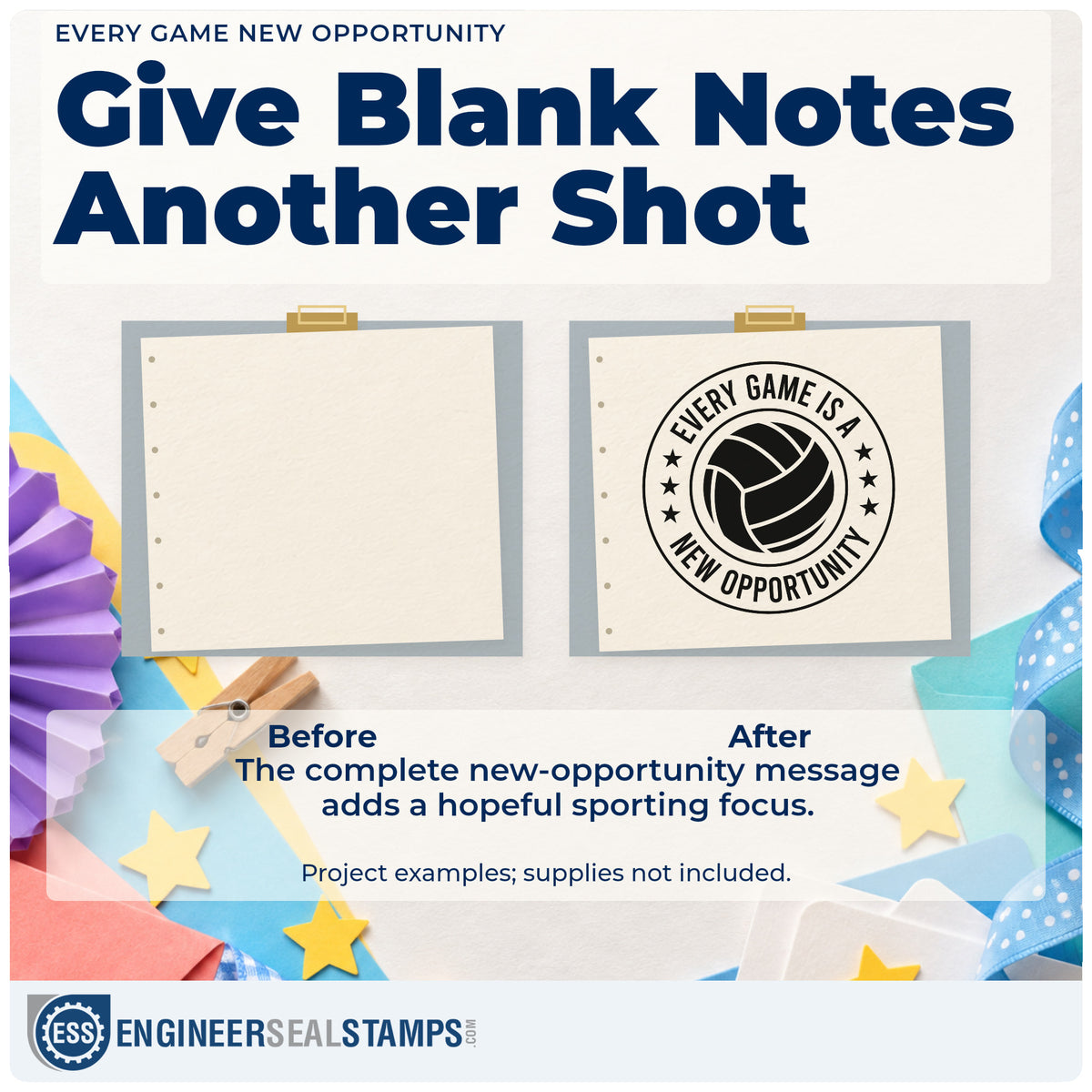 Before and after of a plain item finished with the Volleyball Stars With New Opportunity Quote Slim Pre-Inked Stamp, a quick upgrade for framed check in tent.