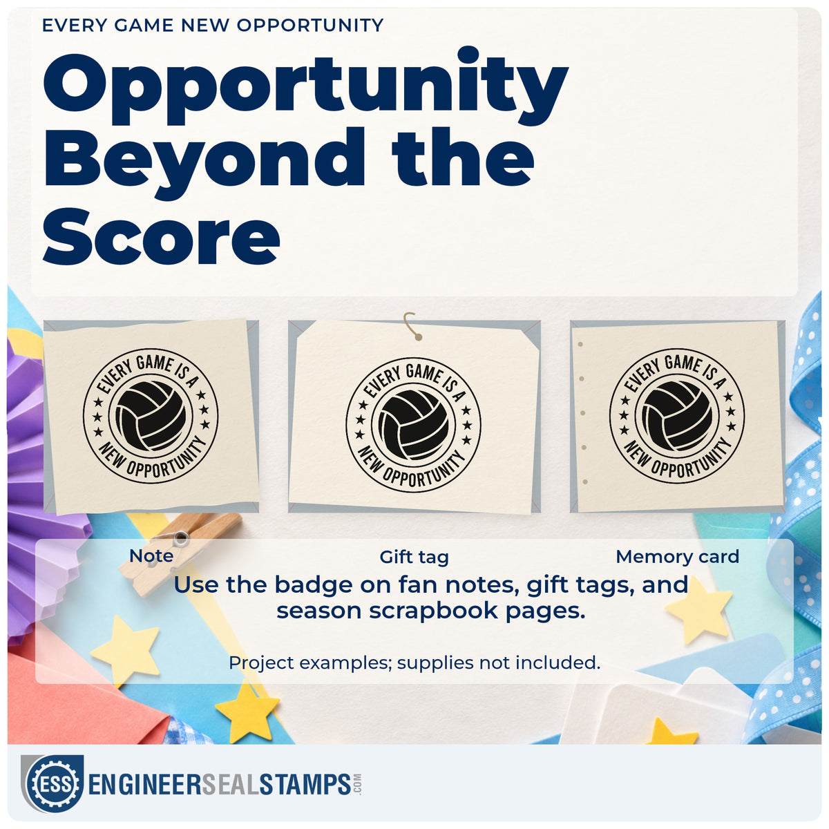 Three project examples made with the Volleyball Stars With New Opportunity Quote Rubber Stamp – Wood Handle, including bracket result sheet.
