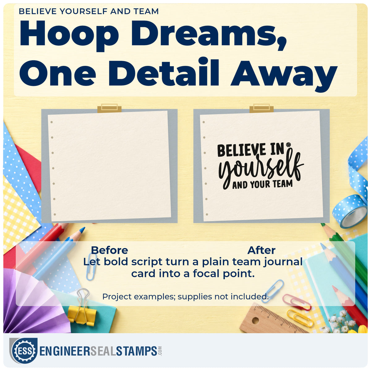 Before and after of a plain item finished with the Believe Yourself And Team Premium Wood-Mounted Stamp – Vintage Pro, a quick upgrade for framed host kitchen.