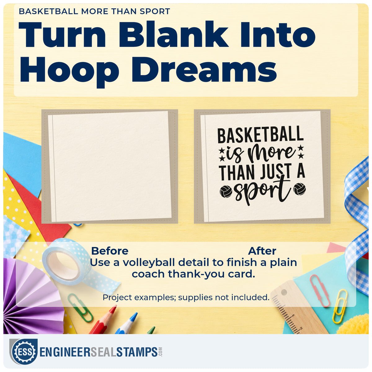 Before and after of a plain item finished with the Star Accents With Basketball Quote PSI Pre-Inked Stamp, a quick upgrade for framed ticket table.