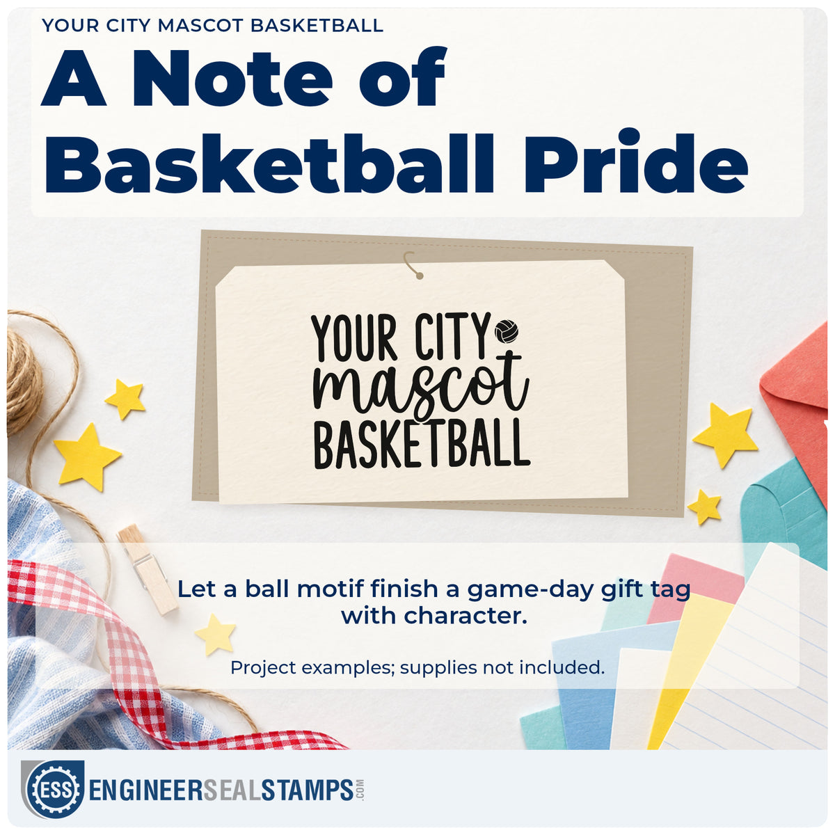 A finished handmade project stamped with the Basketball Mascot Placeholder Lettering Stamp – Slim Pre-Inked, ideal for merch album page.