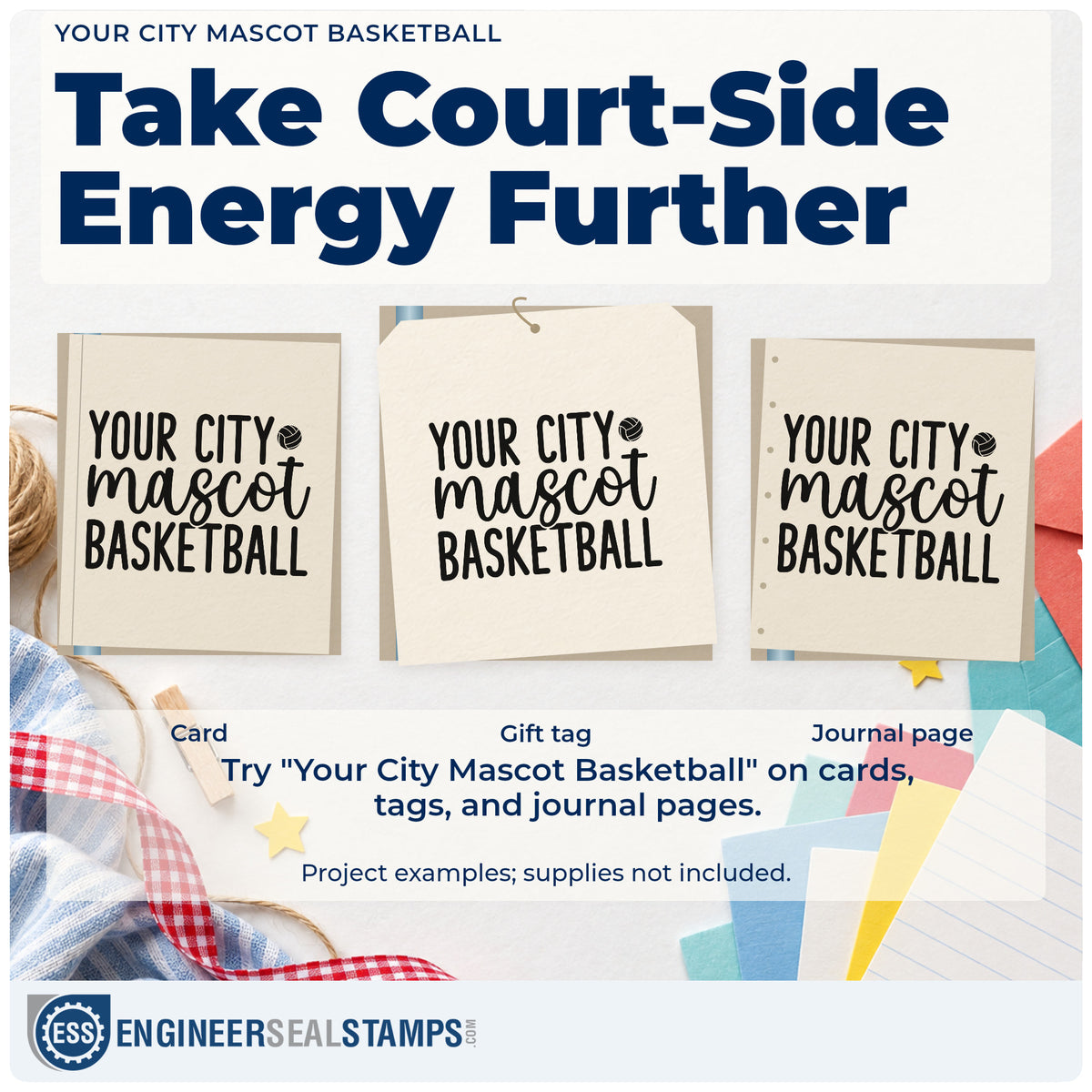 Three project examples made with the Basketball Mascot Placeholder Lettering Hand Stamp – Duo, including order run sheet.