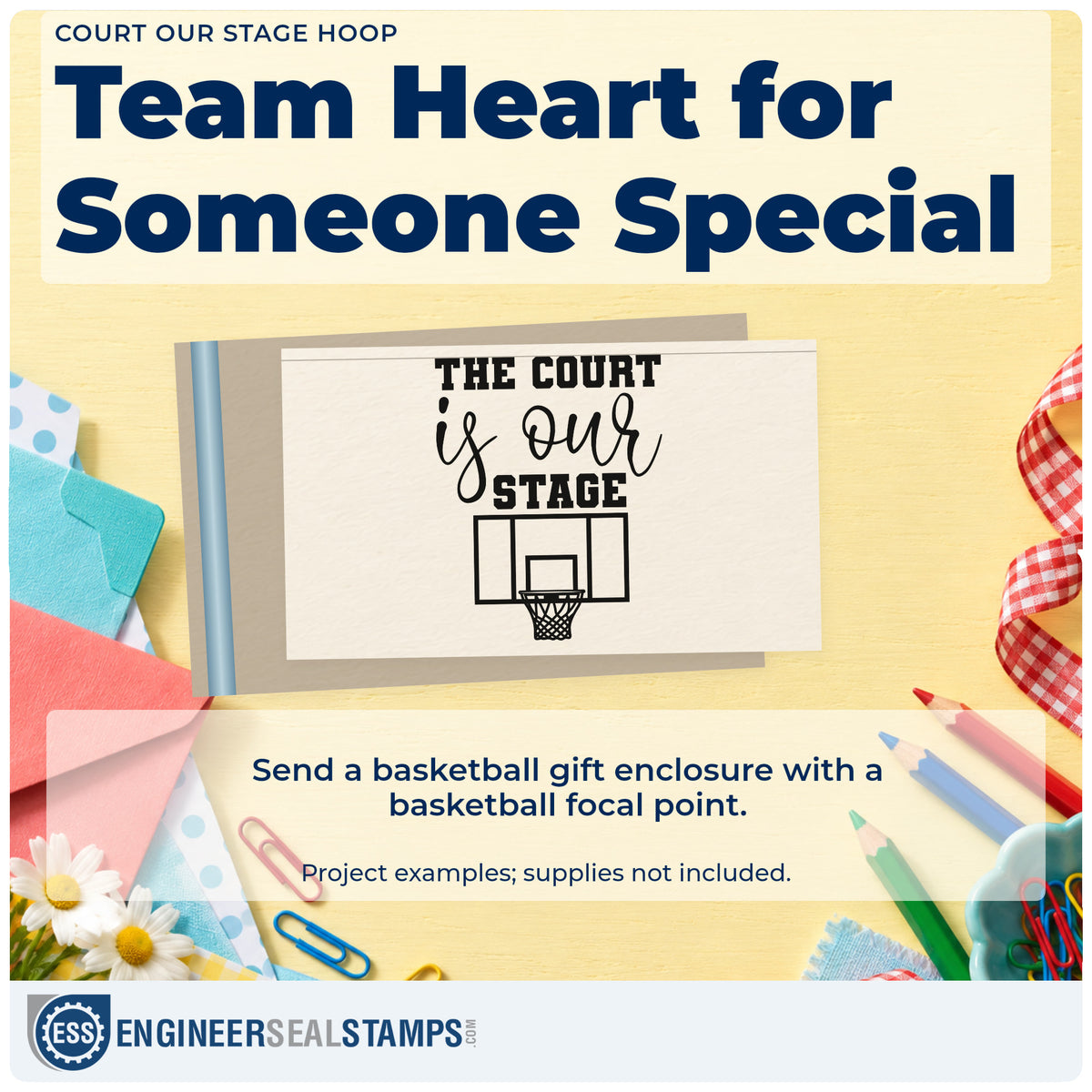 A finished handmade project stamped with the Court Our Stage Hoop Basketball Pre-Inked Stamp – PSI, ideal for broadcast album page.