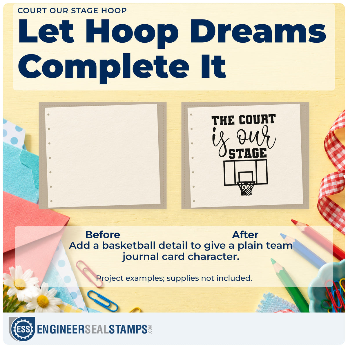 Before and after of a plain item finished with the Court Our Stage Hoop Basketball Rubber Stamp – Duo Hand, a quick upgrade for framed press booth.