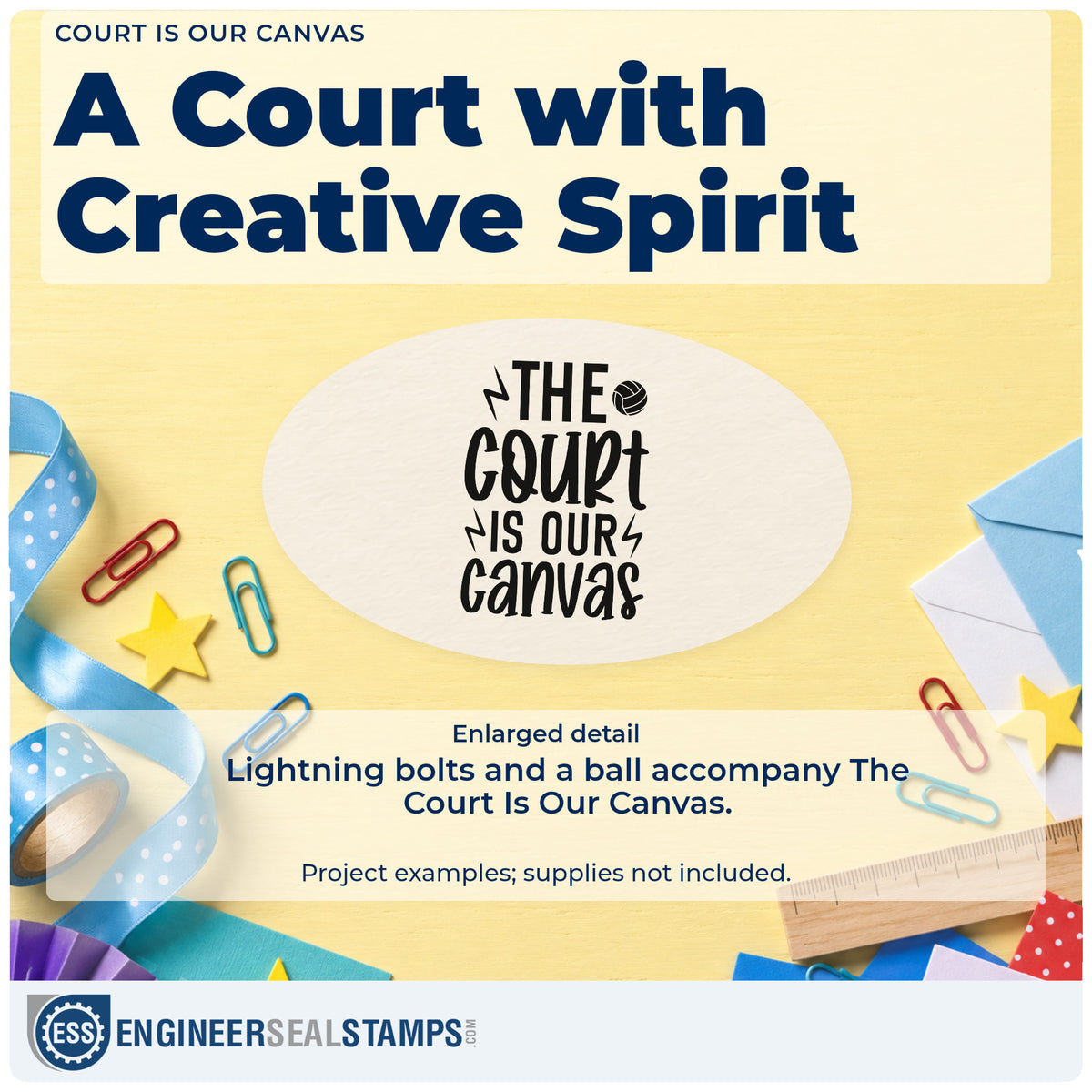 Enlarged detail of the Volleyball And Lightning Court Quote Rubber Stamp – Duo Hand imprint. THE COURT IS OUR canvas appears with lightning bolts and a volleyball-style ball.