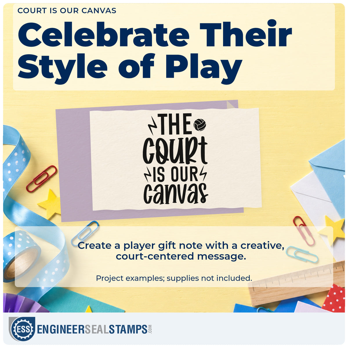 A finished handmade project stamped with the Volleyball And Lightning Court Quote Compact Pre-Inked Stamp – Slim, ideal for mural album page.