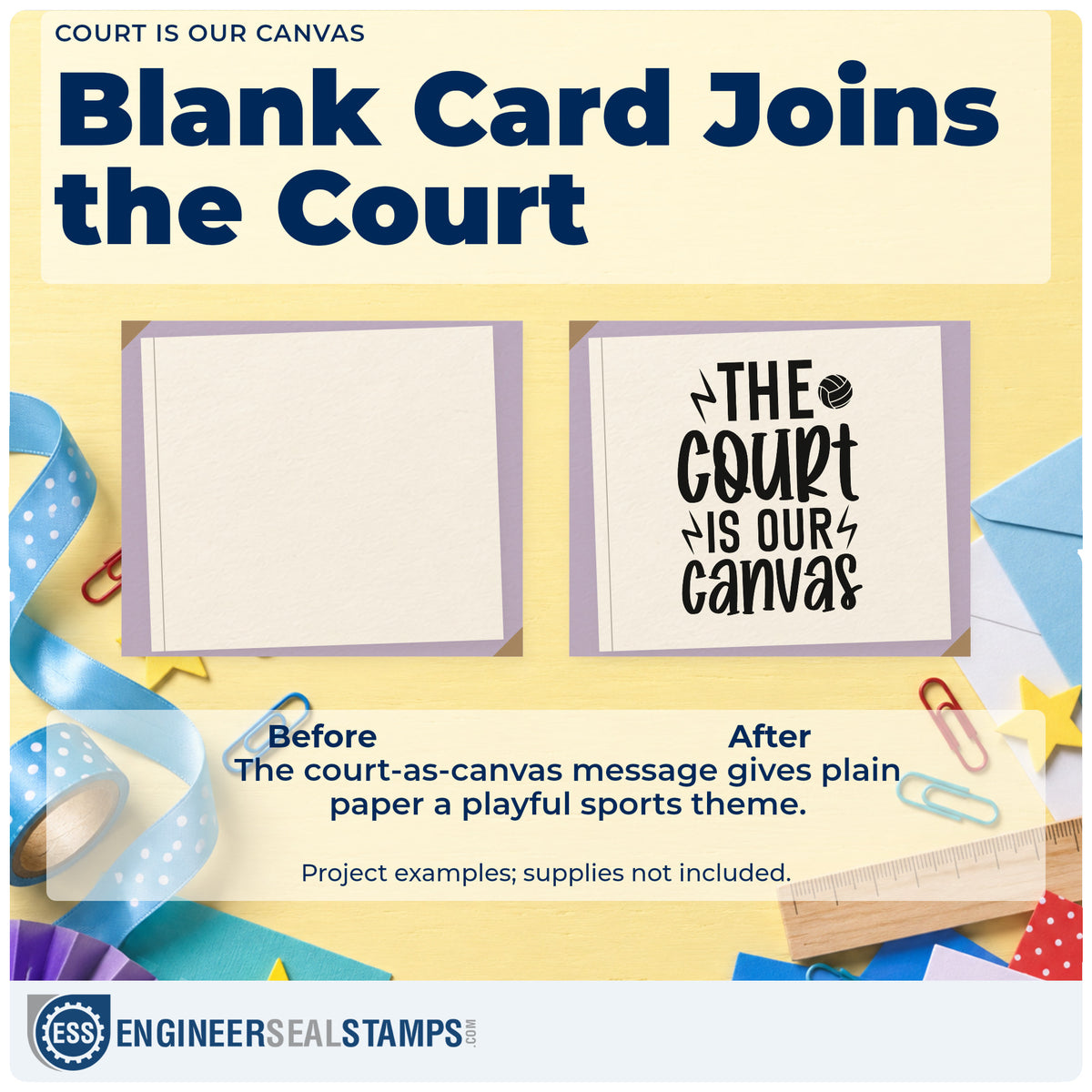 Before and after of a plain item finished with the Volleyball And Lightning Court Quote Rubber Stamp – Duo Hand, a quick upgrade for framed court gate.