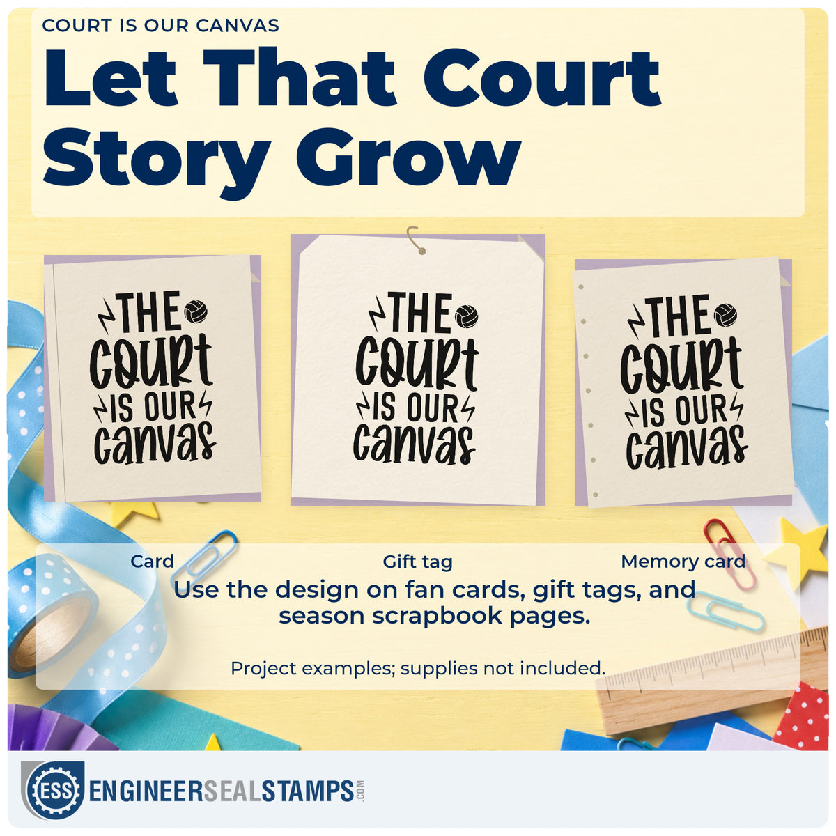 Three project examples made with the Volleyball And Lightning Court Quote Rubber Stamp – Duo Hand, including panel assign sheet.