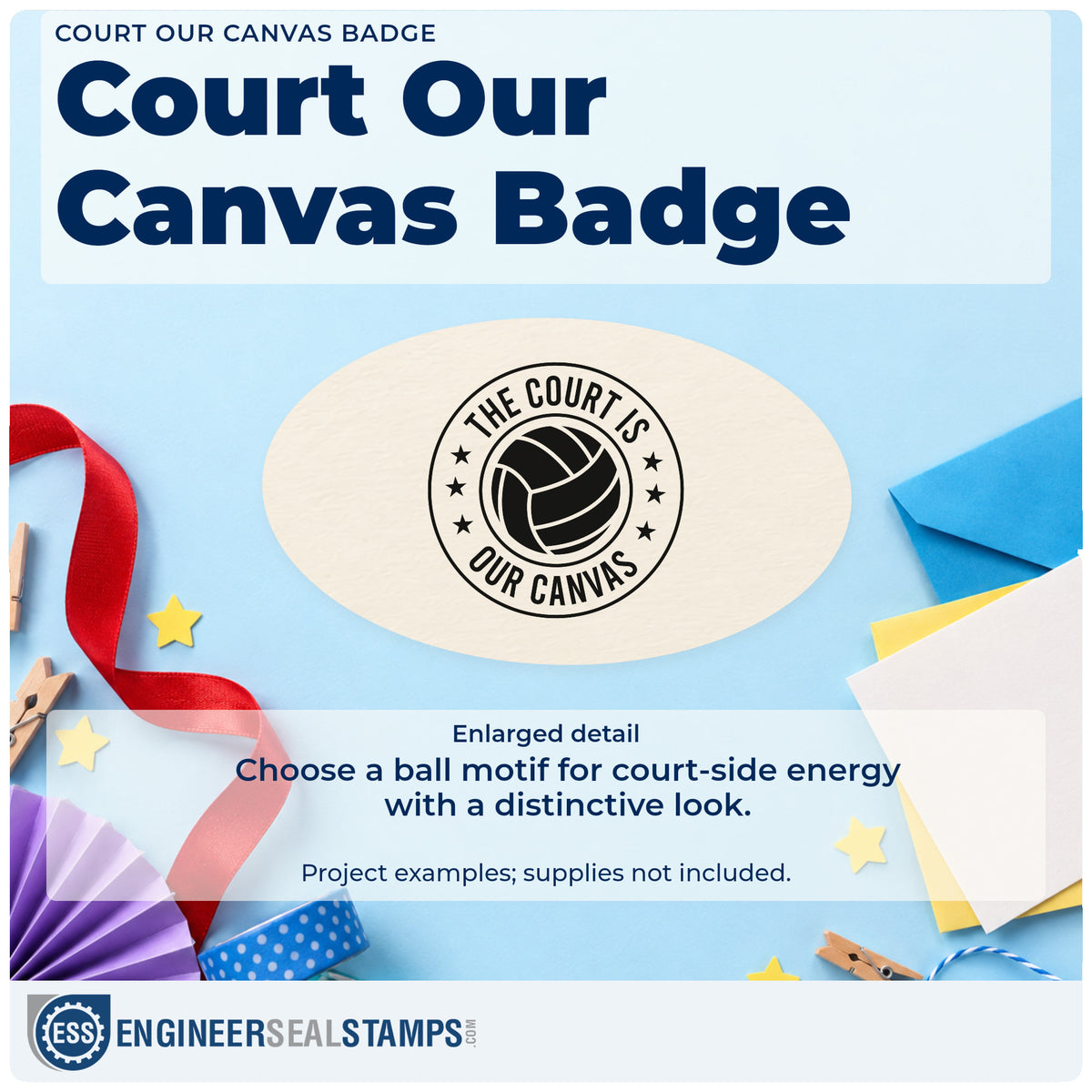 Enlarged detail of the Volleyball Circle With Court Canvas Quote Duo Hand Stamp imprint. A volleyball-style ball fills a circular badge reading THE COURT IS OUR CANVAS with stars.