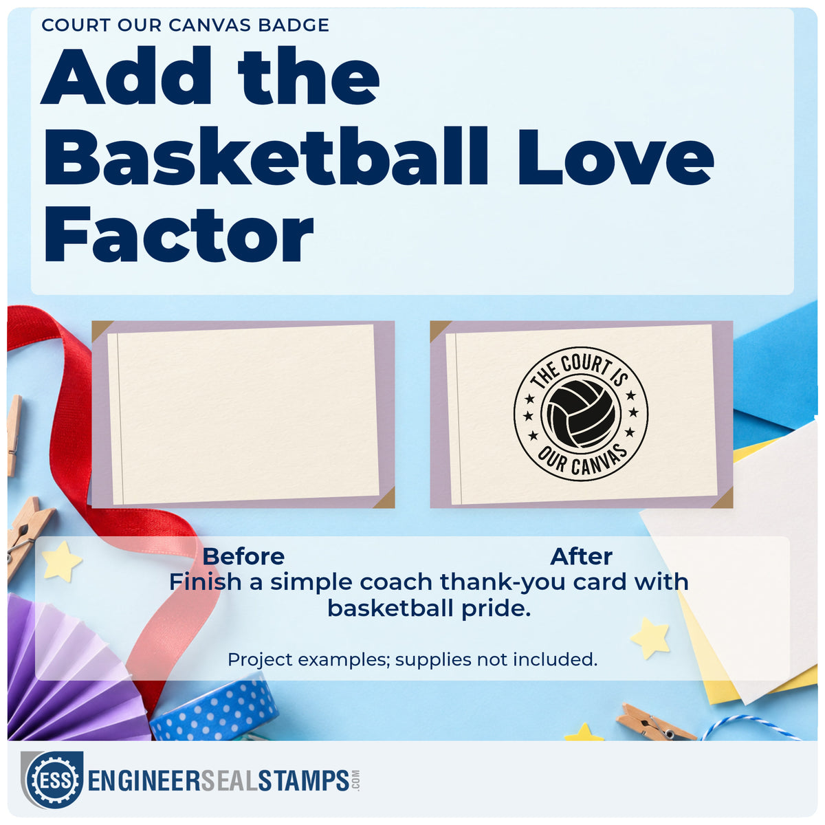 Before and after of a plain item finished with the Volleyball Circle With Court Canvas Quote Slim Pre-Inked Stamp, a quick upgrade for framed gym corridor.