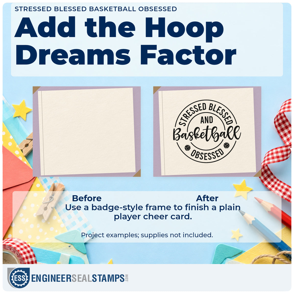 Before and after of a plain item finished with the Stressed Blessed And Basketball Obsessed Rubber Stamp – Duo Hand, a quick upgrade for framed kitchen board.