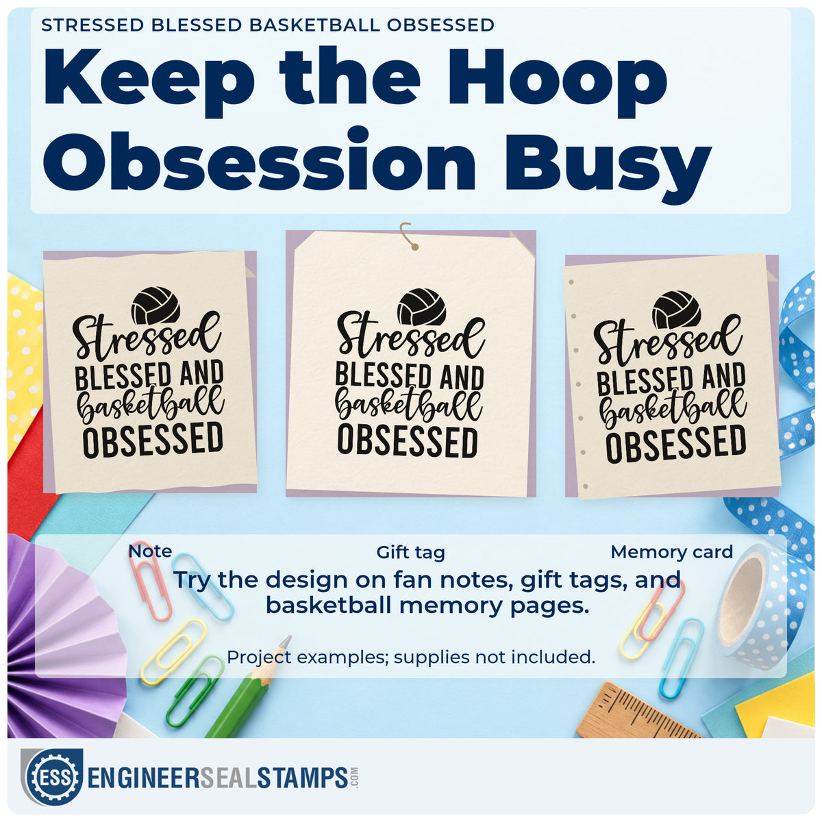 Three project examples made with the Vintage Pro Basketball Obsessed Stacked Lettering Premium Wooden Stamp, including ride rota sheet.