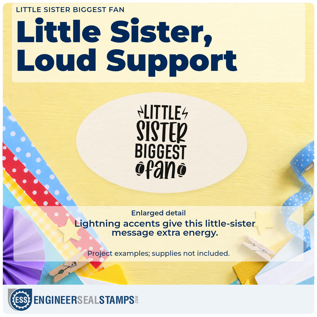 Enlarged detail of the Little Sister Biggest Fan Rubber Stamp – Wood Handle imprint. LITTLE SISTER BIGGEST fan appears with lightning bolts and two footballs.