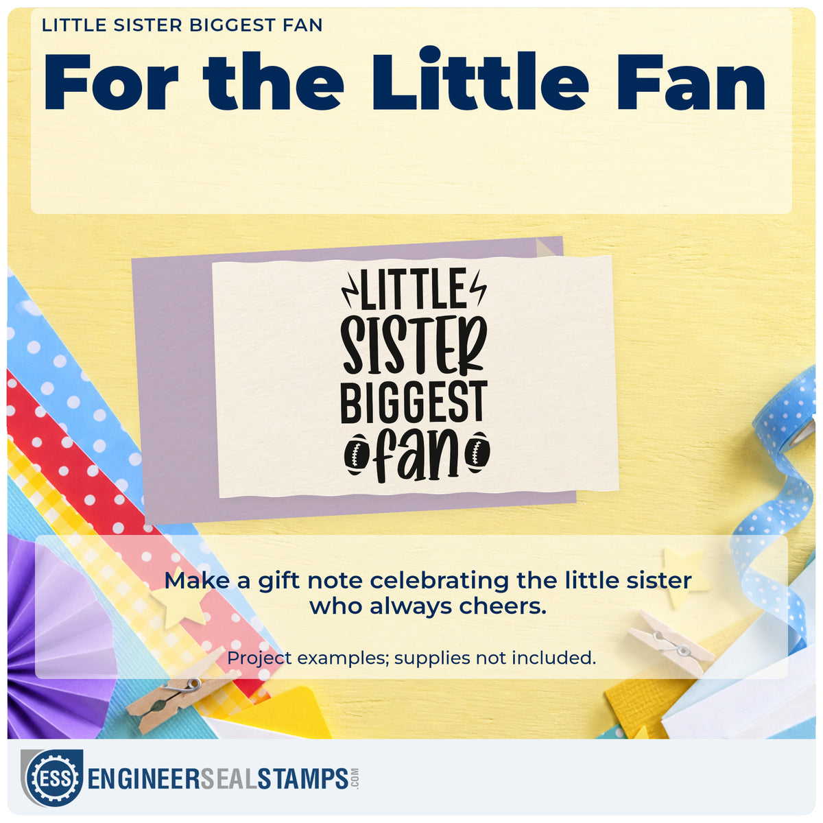 A finished handmade project stamped with the Little Sister Biggest Fan Slim Pre-Inked Stamp, ideal for sibling album page.