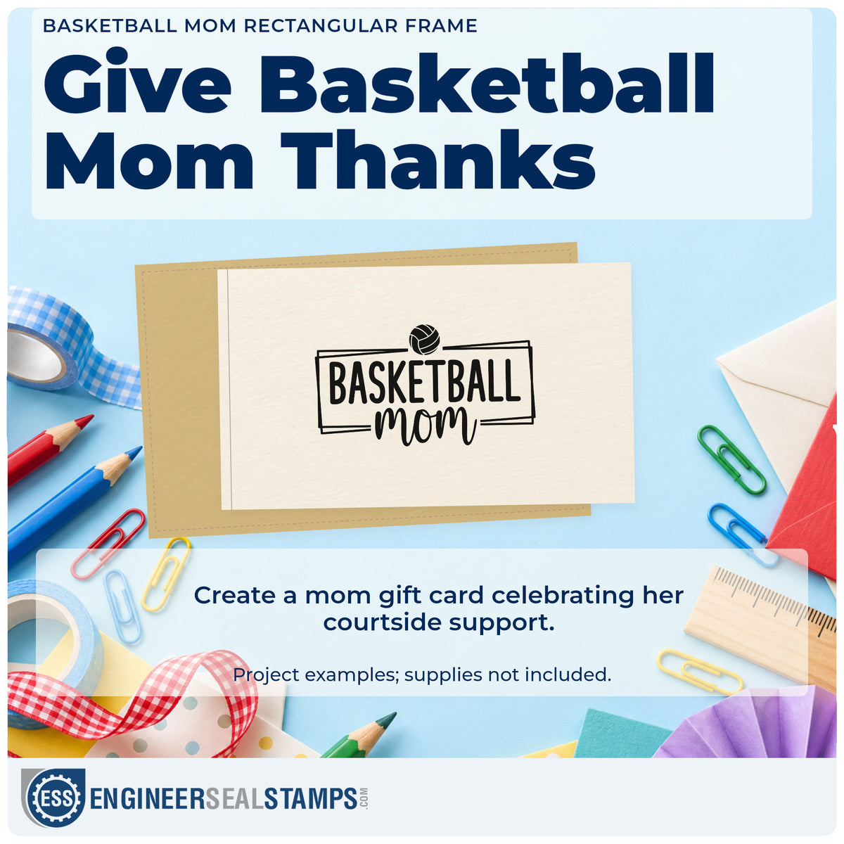 A finished handmade project stamped with the Framed Basketball Mom With Paneled Ball Slim Pre-Inked Stamp, ideal for weekend album page.