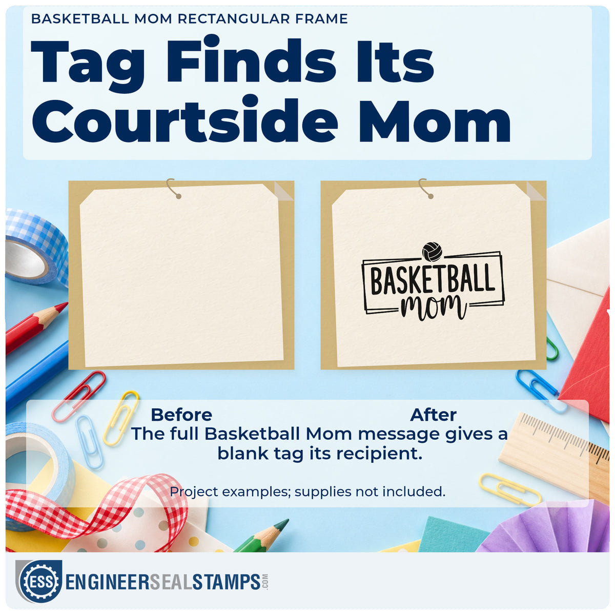 Before and after of a plain item finished with the Framed Basketball Mom With Paneled Ball Rubber Stamp – Duo Hand, a quick upgrade for framed hall closet.