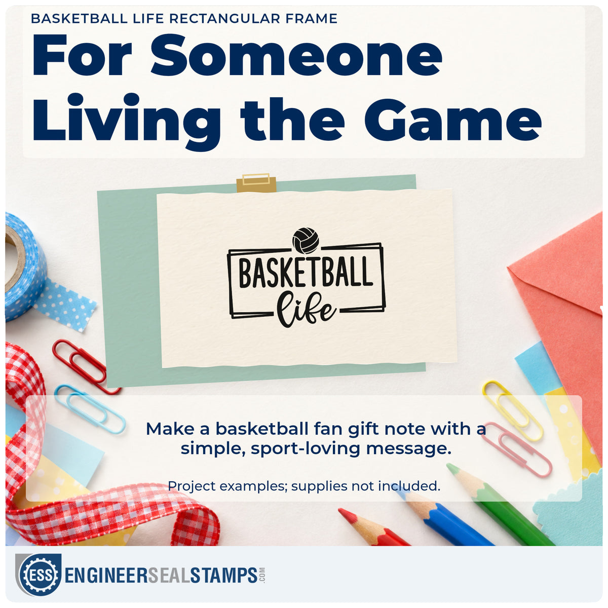 A finished handmade project stamped with the Framed Basketball Life With Paneled Ball PSI Pre-Inked Stamp, ideal for fan room album page.