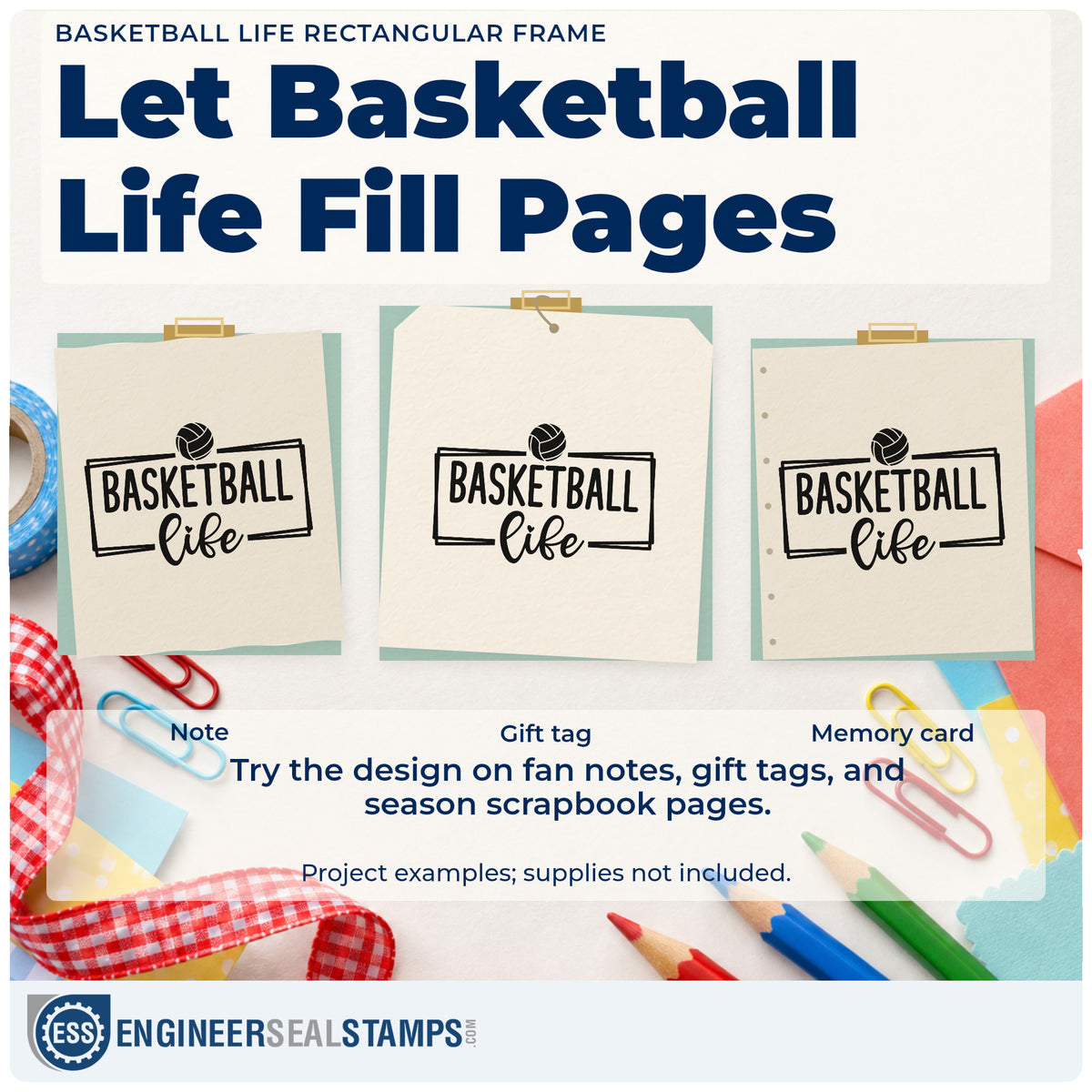 Three project examples made with the Framed Basketball Life With Paneled Ball Stamp – Wood Handle, including wall plan sheet.