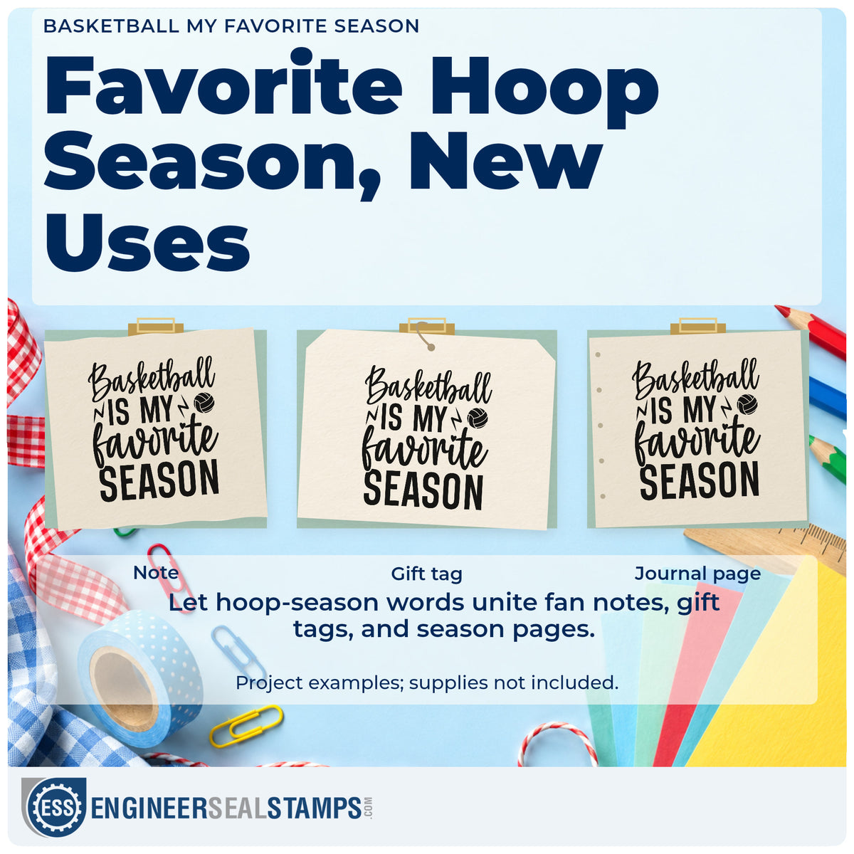 Three project examples made with the Lightning Bolts With Basketball Season Quote Duo Hand Stamp, including game night sheet.