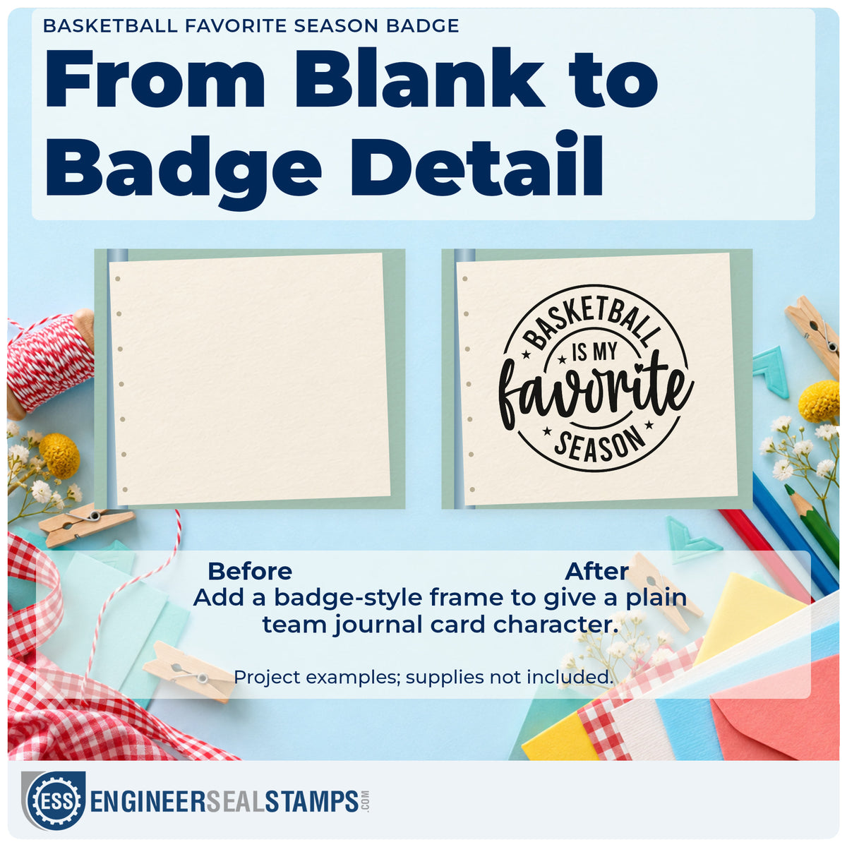 Before and after of a plain item finished with the Basketball Is My Favorite Season Self-Inking Craft Stamp, a quick upgrade for framed hall shelf.