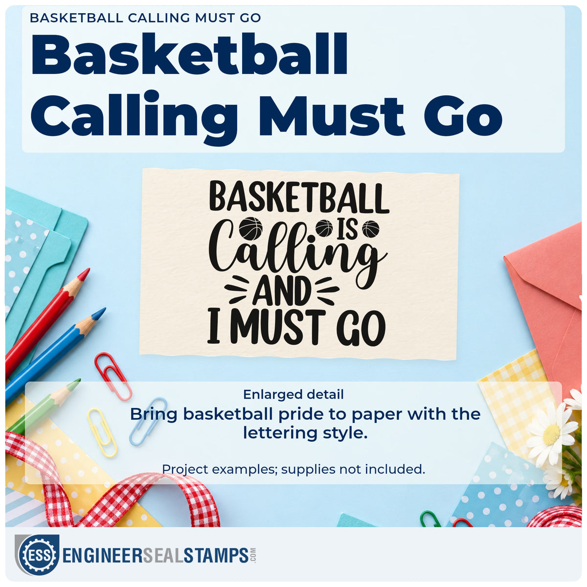 Enlarged detail of the Basketball Is Calling And I Must Go Stamp – Premium Vintage Pro Wooden imprint. BASKETBALL IS Calling AND I MUST GO appears with small balls and radiating accents.