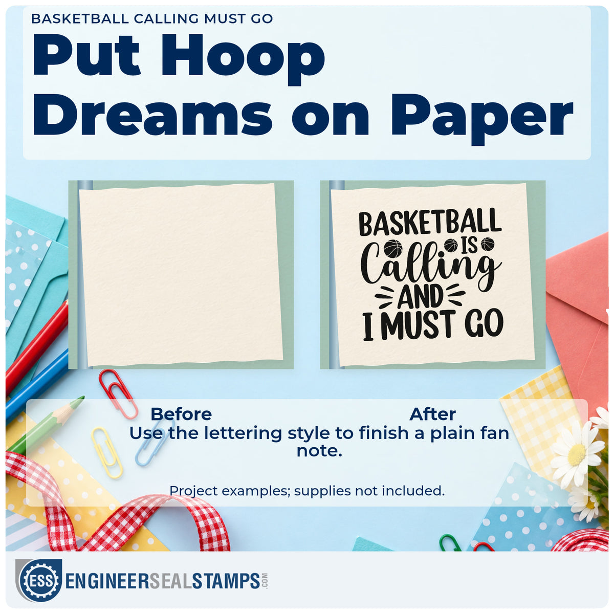 Before and after of a plain item finished with the Basketball Is Calling And I Must Go Stamp – Premium Vintage Pro Wooden, a quick upgrade for framed hall corner.