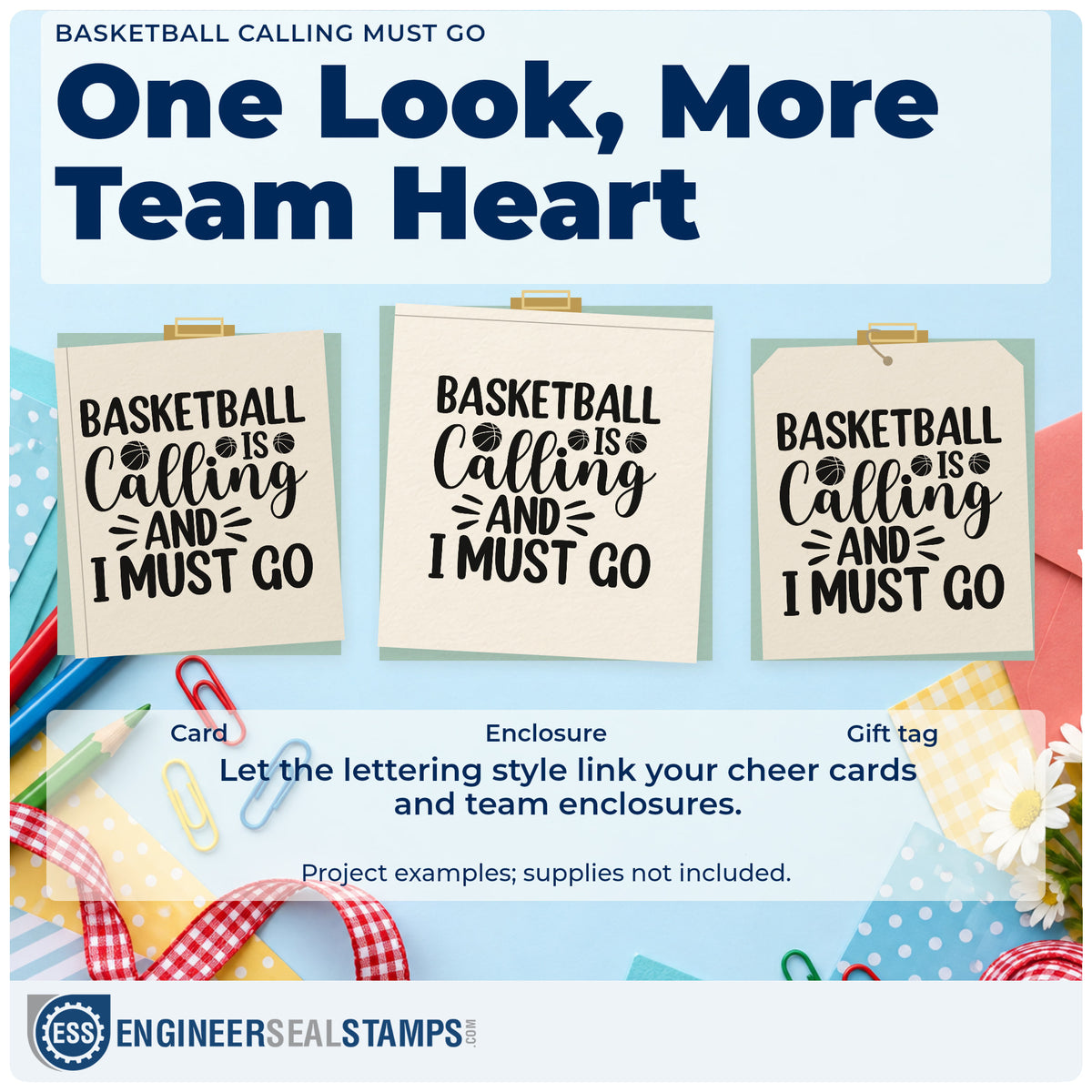Three project examples made with the Basketball Is Calling And I Must Go Slim Pre-Inked Stamp, including drive leg sheet.