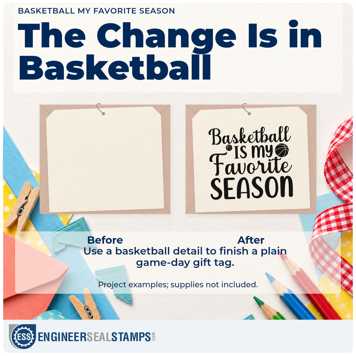 Before and after of a plain item finished with the Basketball My Favorite Season Lettering Stamp – Self-Inking, a quick upgrade for framed living wall.