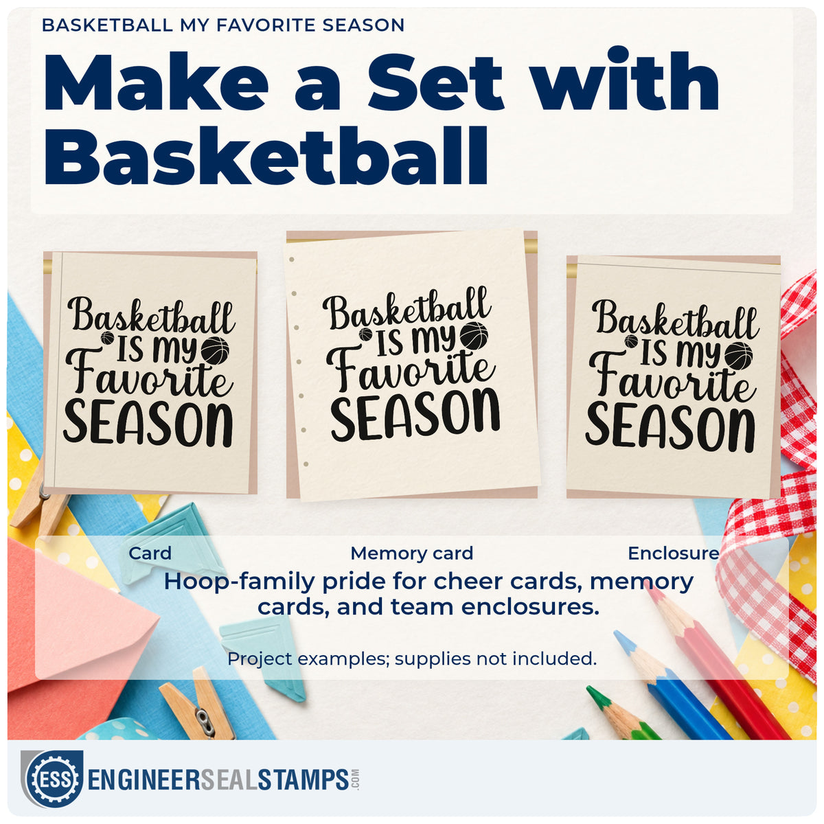 Three project examples made with the Wood Handle Basketball My Favorite Season Lettering Rubber Stamp, including bracket track sheet.