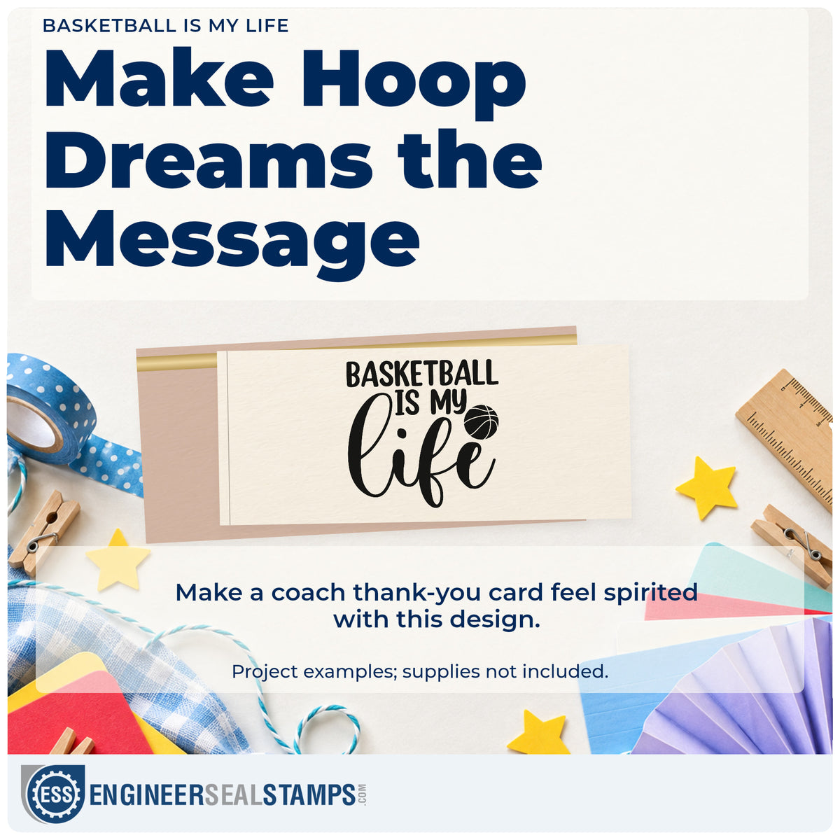 A finished handmade project stamped with the Premium Wooden Basketball Is My Life Script Lettering Stamp – Vintage Pro, ideal for player room album page.