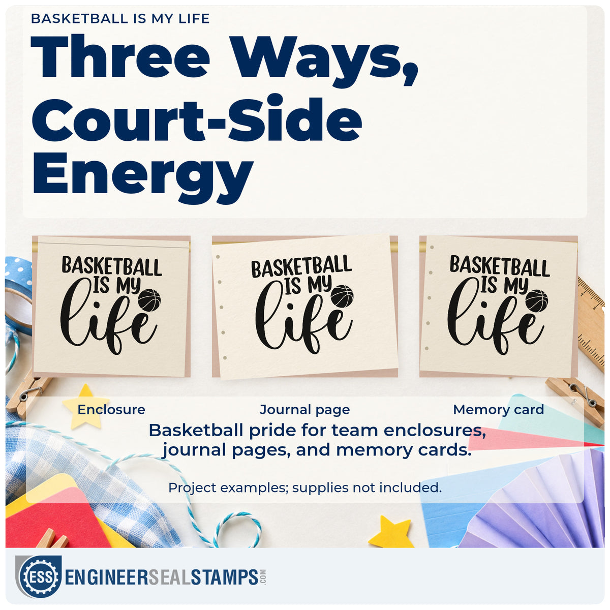 Three project examples made with the Basketball Is My Life Script Lettering Stamp – PSI Pre-Inked, including room plan sheet.