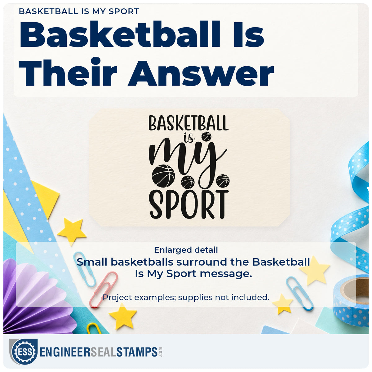 Enlarged detail of the Basketball Is My Sport Ball Scatter Rubber Stamp – Wood Handle imprint. BASKETBALL is my SPORT appears with several small basketballs.