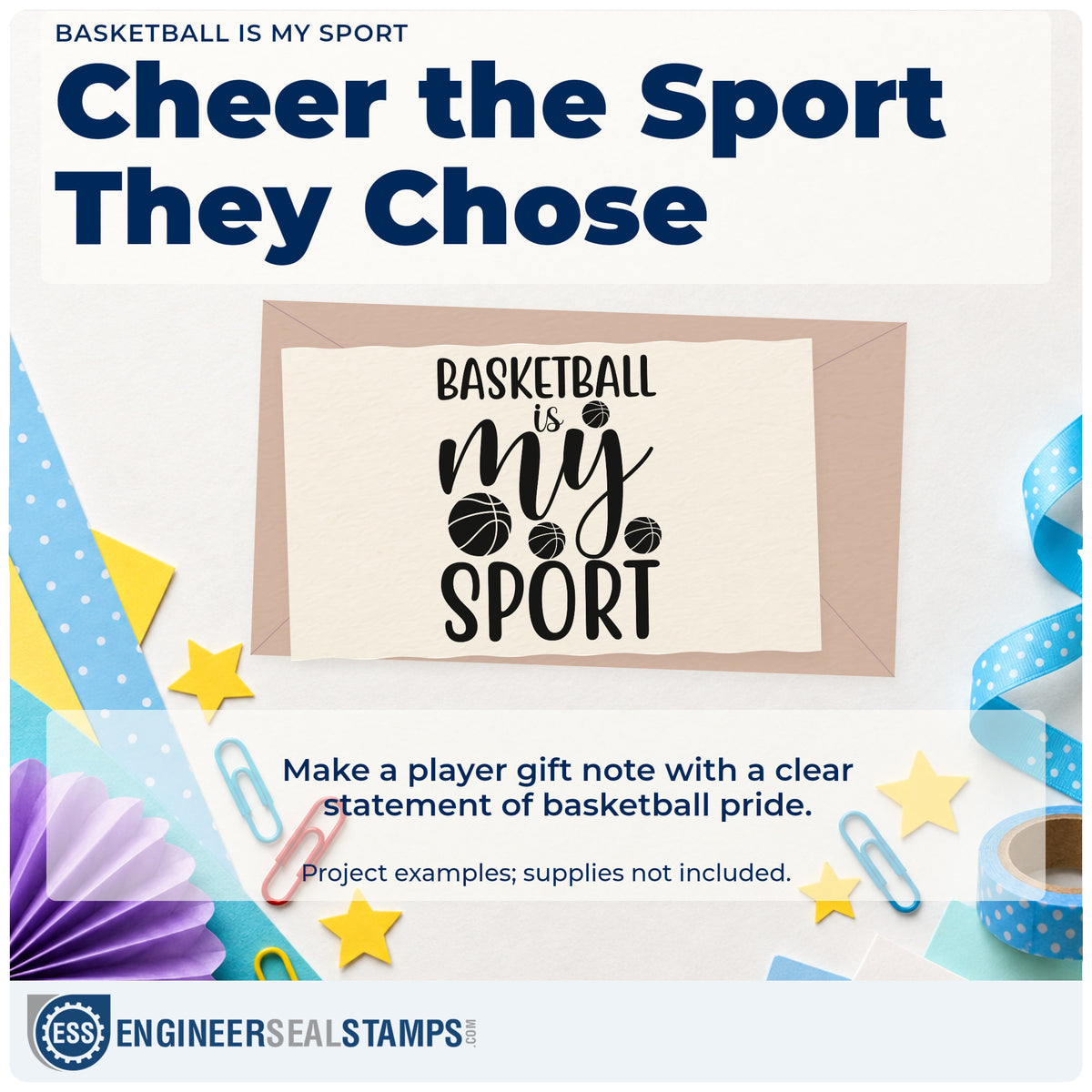 A finished handmade project stamped with the Basketball Is My Sport Ball Scatter Hand Stamp – Duo, ideal for first team album page.