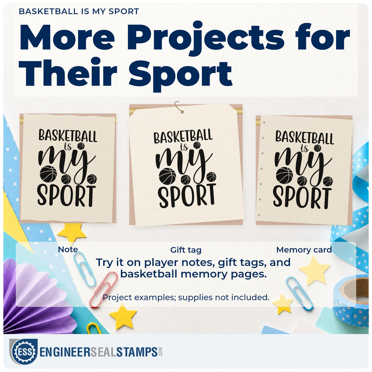 Three project examples made with the Basketball Is My Sport Ball Scatter Hand Stamp – Duo, including skill learn sheet.