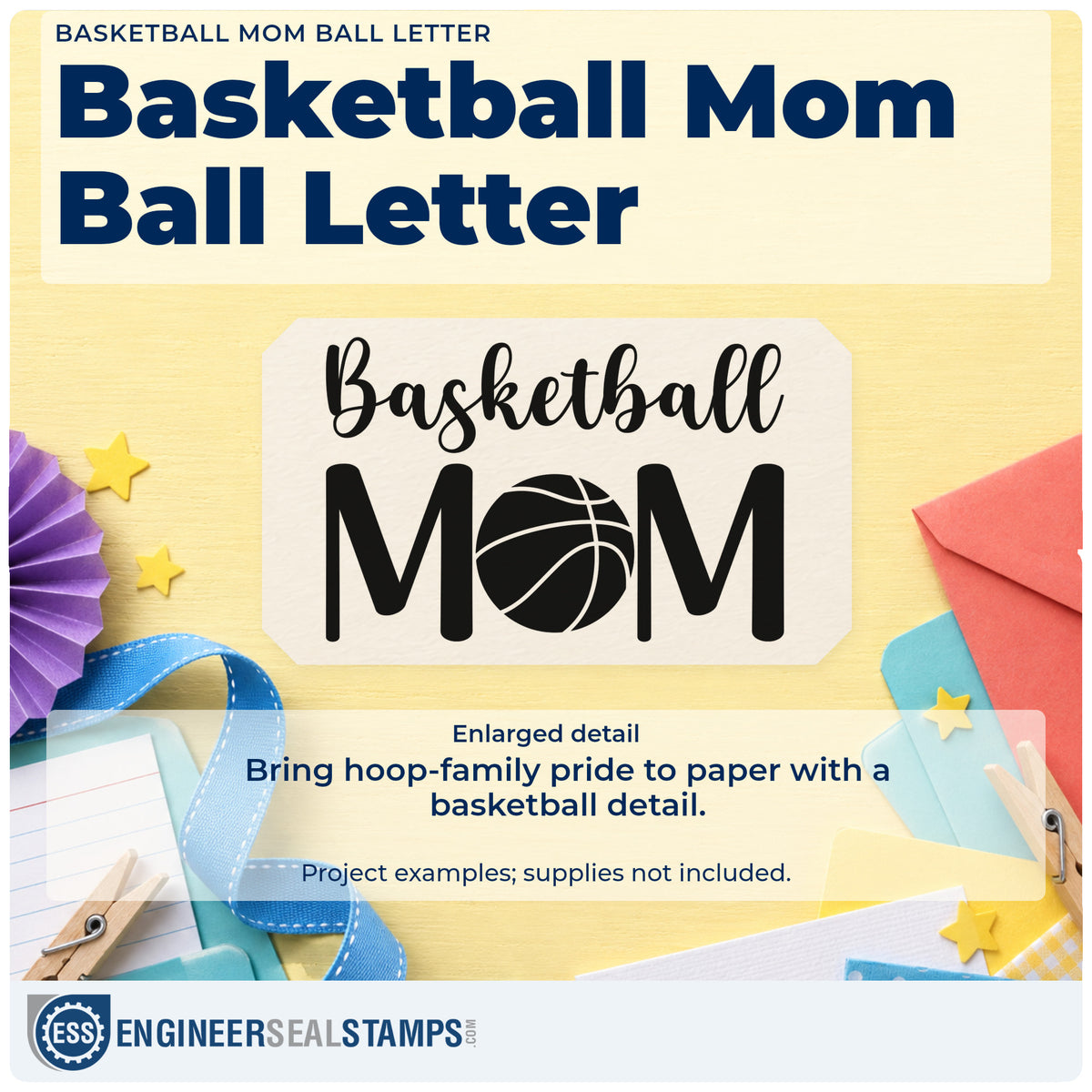 Enlarged detail of the Mom Basketball Center Letter Slim Pre-Inked Stamp imprint. Basketball MOM uses a large basketball in place of the O.