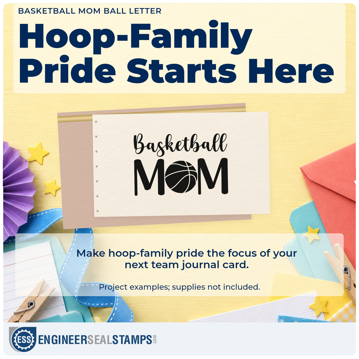A finished handmade project stamped with the Mom Basketball Center Letter Rubber Stamp – Duo Hand, ideal for bag year album page.