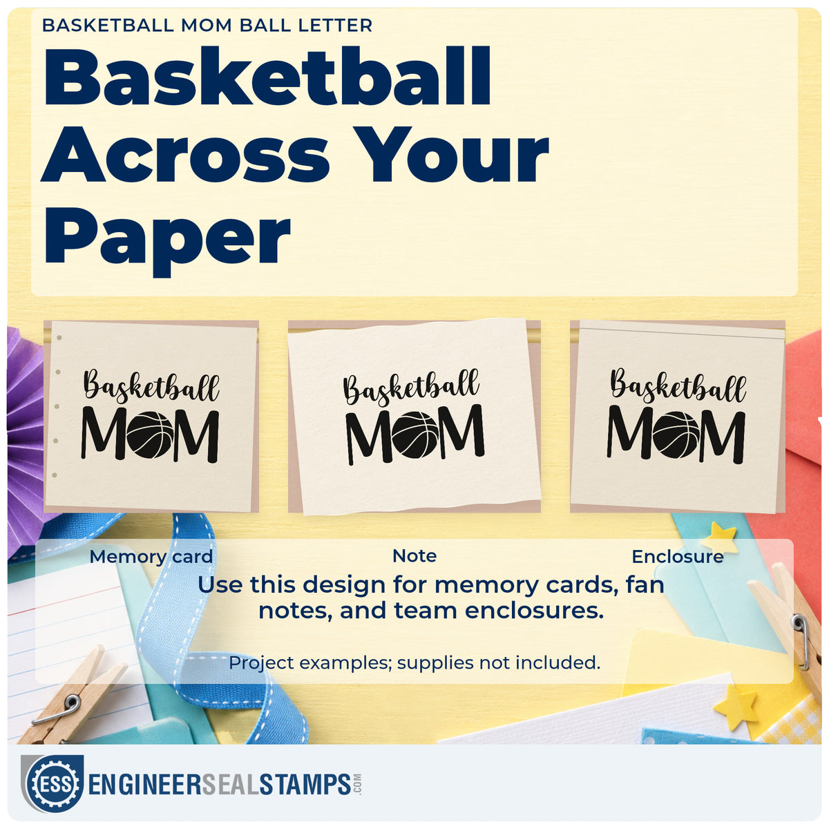 Three project examples made with the Mom Basketball Center Letter Pre-Inked Stamp – PSI, including bag check sheet.
