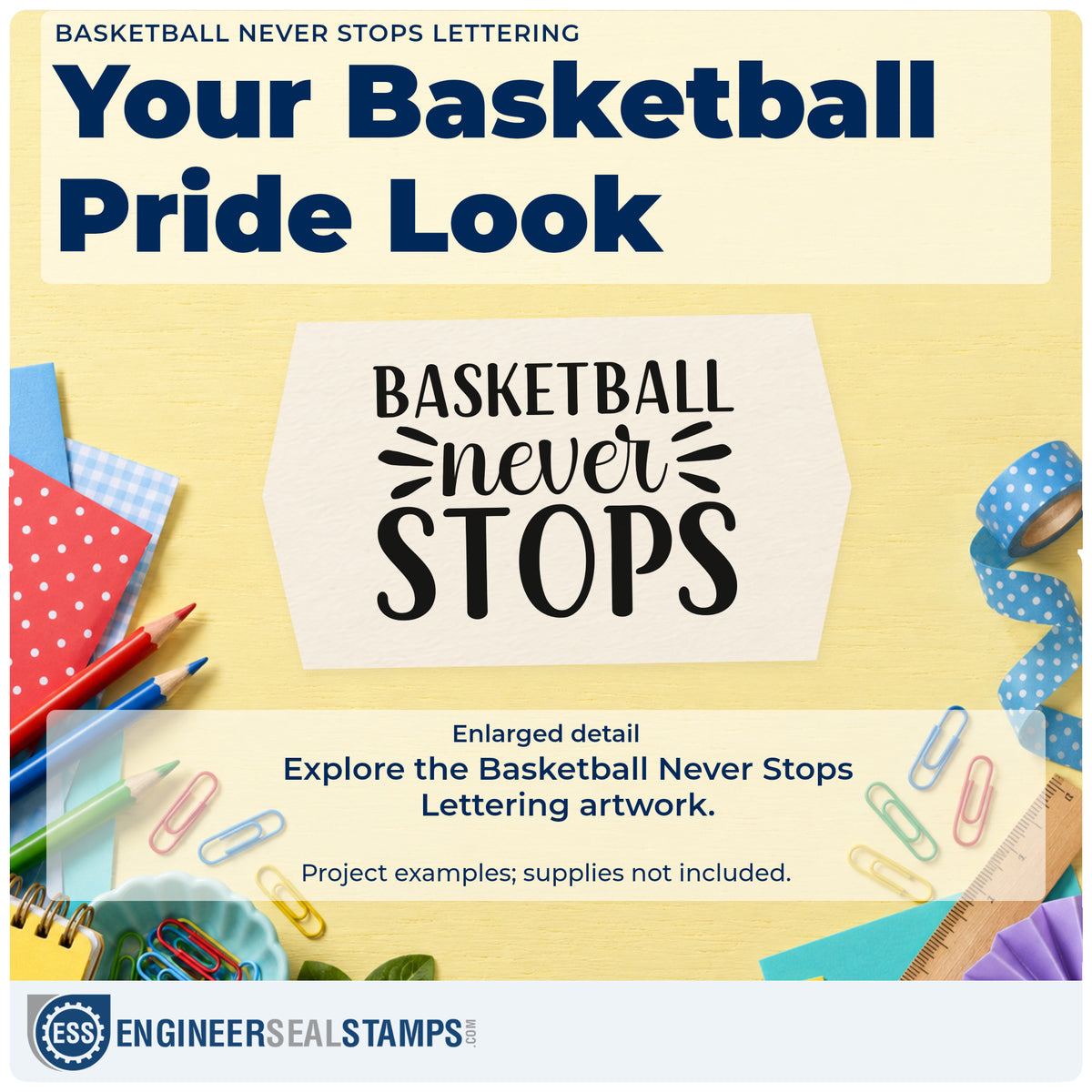Enlarged detail of the Basketball Never Stops Rubber Stamp – Duo Hand imprint. BASKETBALL never STOPS appears with radiating accent strokes.