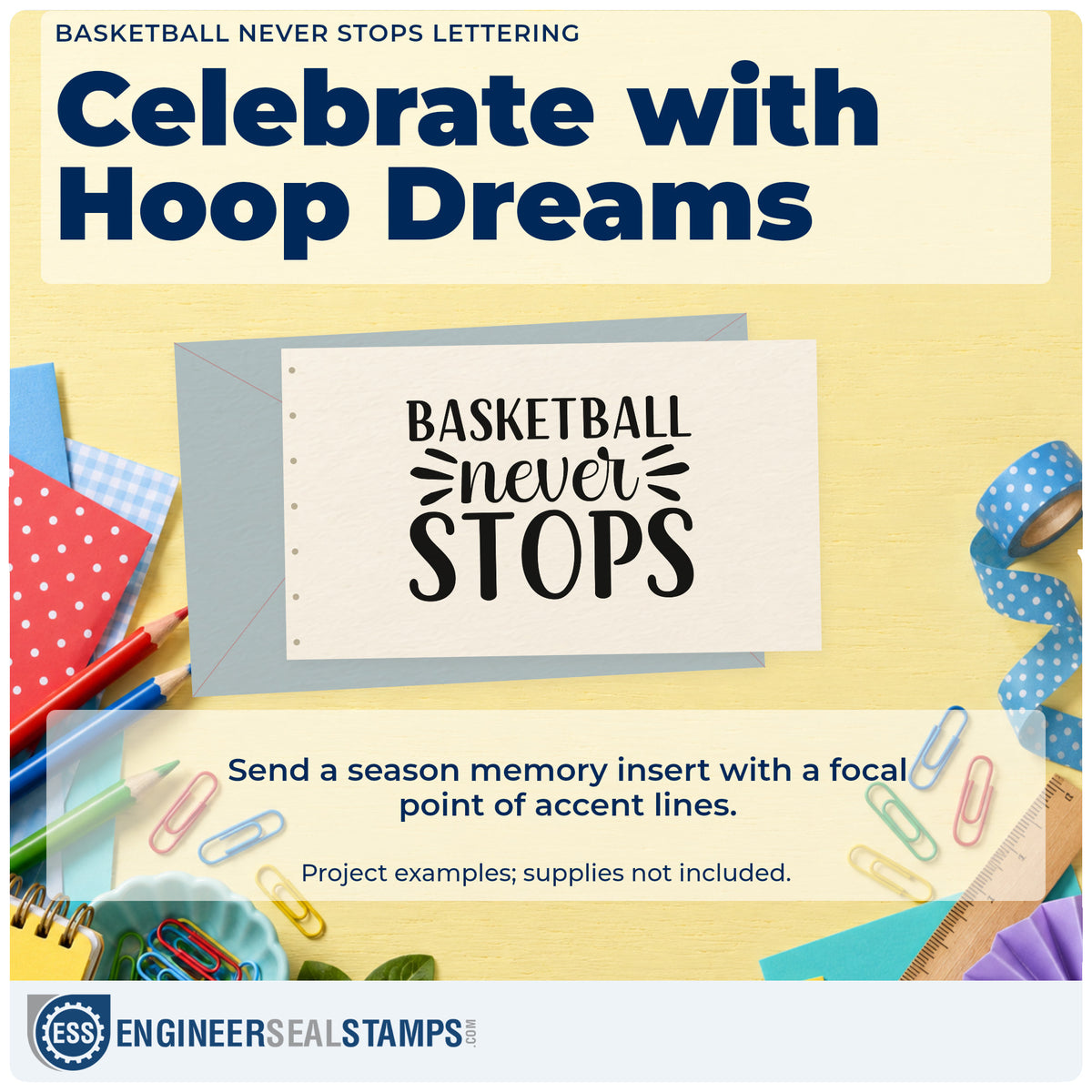 A finished handmade project stamped with the Basketball Never Stops PSI Pre-Inked Stamp, ideal for year round album page.