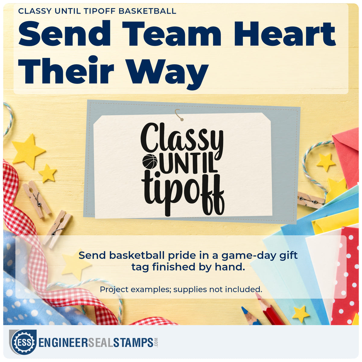 A finished handmade project stamped with the Classy Until Tipoff Basketball Pre-Inked Stamp – Slim, ideal for game night album page.