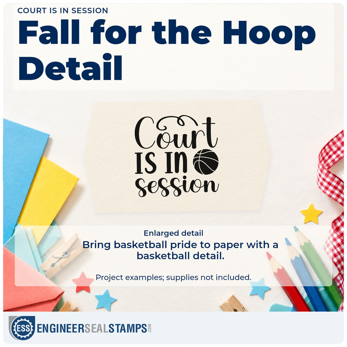 Enlarged detail of the Court Is In Session Basketball Stamp – Duo Hand imprint. Court IS IN Session appears with a basketball.